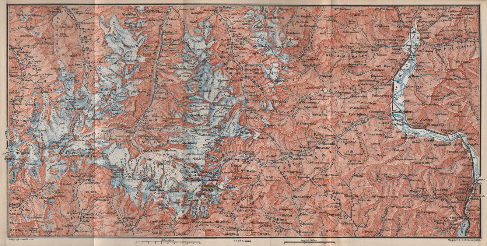 VALAIS ALPS. Zermatt Saas-Fee Monte Rosa Val Tournanche Matterhorn 1889 map